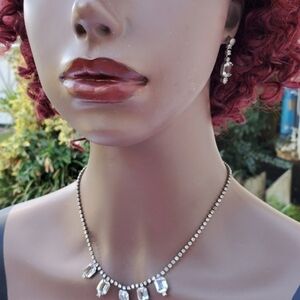 Vintage Rhinestone Earrings and Necklace Set, Wedding or Prom jewelry Accessory